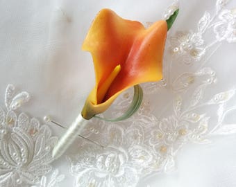 Wedding Real Touch Orange Calla Lily Boutonniere