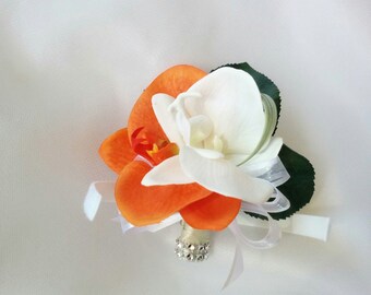 Wedding Natural Touch White and Orange Phalaenopsis Orchids Corsage - Silk Beach wedding Corsage