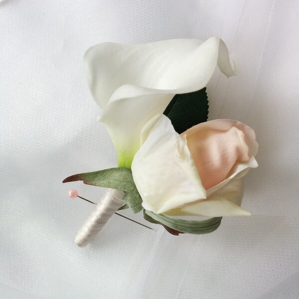 Wedding Natural Touch Blush Rose and Natural Touch Ivory Calla Lily Silk Boutonniere