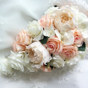 Wedding Natural Touch White Phalaenopsis orchids Silk Soft Pink Blush and Ivory Roses, Silk Champagne Cream Peonies Cascade Wedding Bouquet image 1