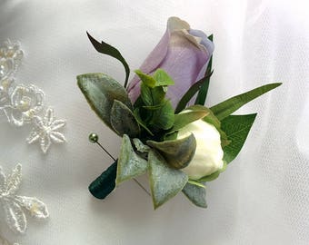 Wedding Rustic Vintage Boho Garden Natural Touch Lavender Rose and Ivory Peony Bud Boutonniere