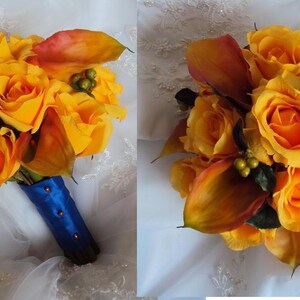 Wedding Silk Real Touch Flamed Orange Calla Lilies and Silk Yellow Roses Wedding Bouquet image 1