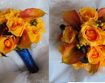 Wedding Silk Real Touch Flamed Orange Calla Lilies and Silk Yellow Roses Wedding Bouquet
