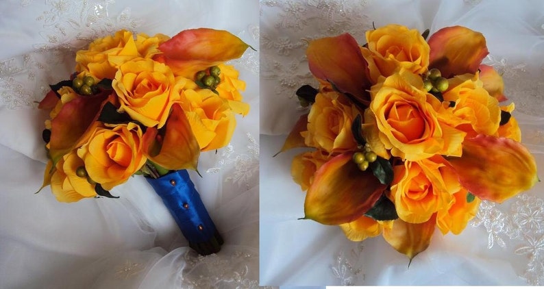 Wedding Silk Real Touch Flamed Orange Calla Lilies and Silk Yellow Roses Wedding Bouquet image 1