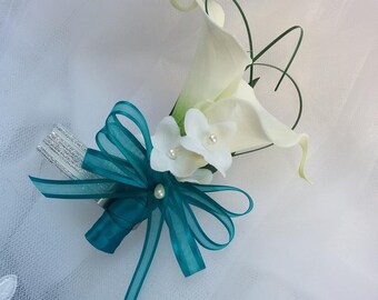 Wedding Natural Touch Ivory Calla Lilies and silk stephanotis with pearl centers Corsage - Silk wedding Corsage