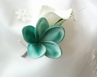 Wedding Natural Touch Ivory Calla Lily and Teal Oasis Plumeria Silk Wedding Beach Boutonniere