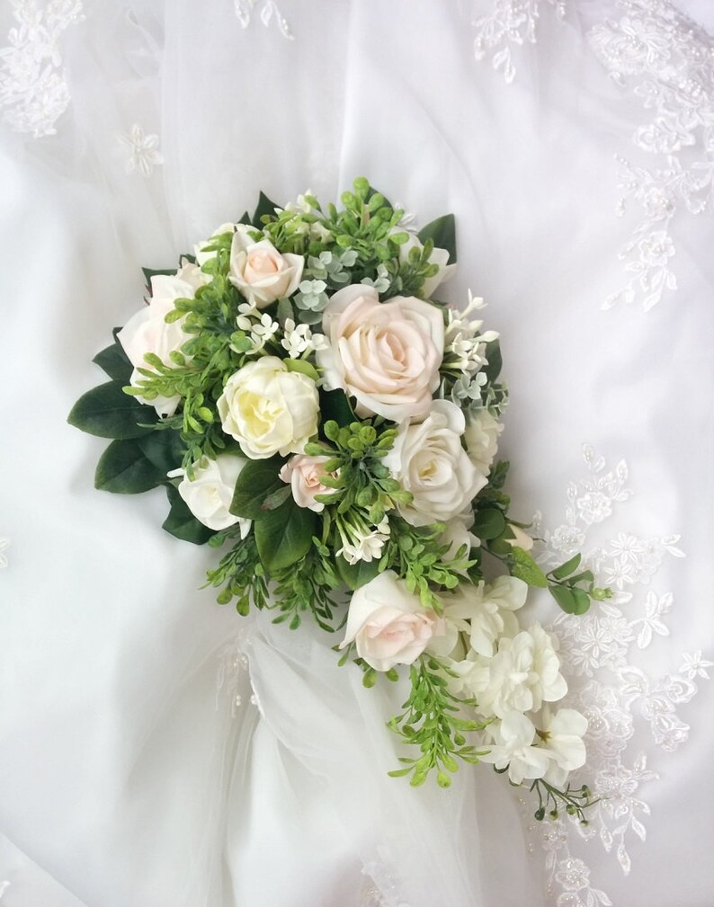 Wedding Natural Touch Blush light Pink Roses with Ivory Peonies and Roses Cascade Wedding Bouquet