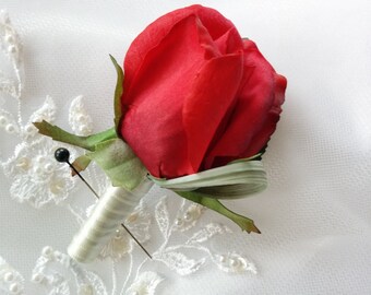 Wedding Natural Touch Red Rose Boutonniere Silk Wedding Boutonniere