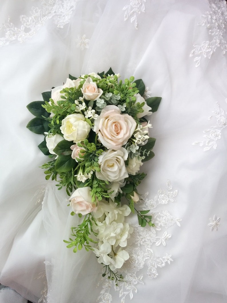 Wedding Natural Touch Blush light Pink Roses with Ivory Peonies and Roses Cascade Wedding Bouquet