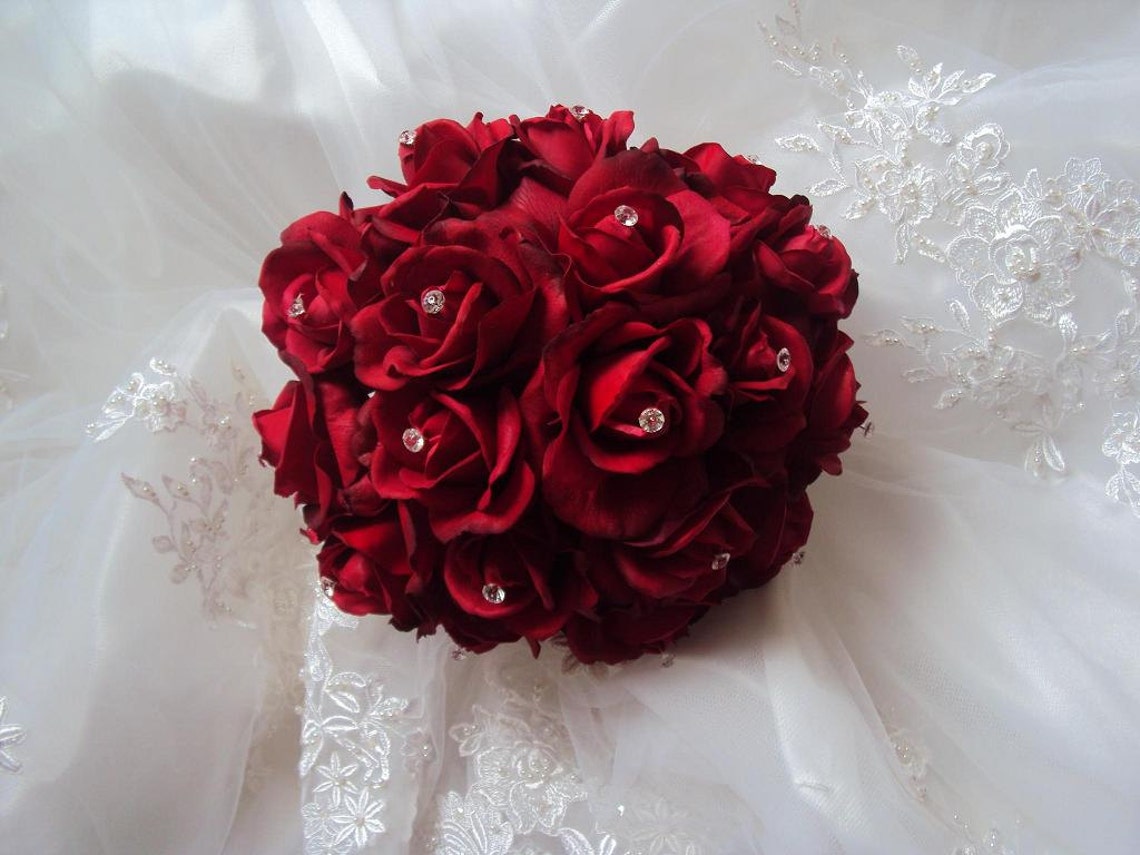 Wedding Real Touch Red Roses and Clear Gems Bridal Wedding Etsy