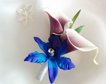 Wedding Blue Purple Singapore Galaxy Dendrobium Orchid and 2 Purple Picasso Calla Lilies  Boutonniere - Silk wedding Boutonniere