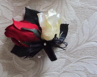 Wedding Silk Red and Ivory Roses Corsage - Silk wedding Corsage