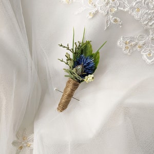 Scottish Blue Thistle with Wildflower accents Silk Boutonniere - Rustic Silk wedding Boutonniere