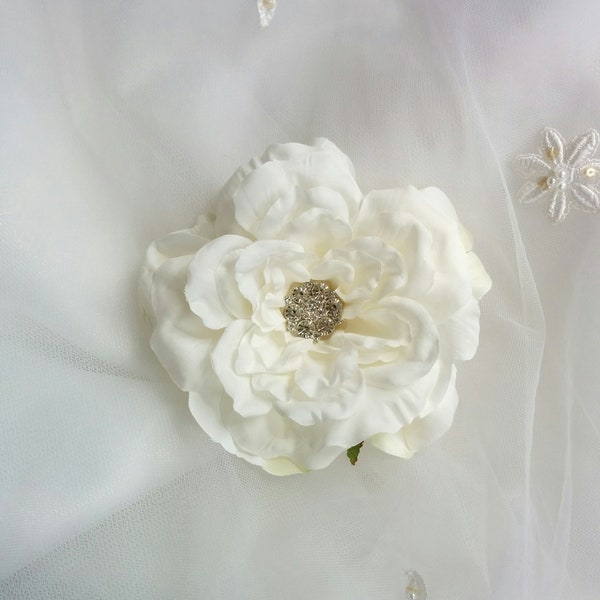 Silk Ivory Peony with Crystal rhinestone center Wedding Hair Flower, Bridal Hair Flower, Wedding Hair Piece, Bridal Headpiece Fascinator