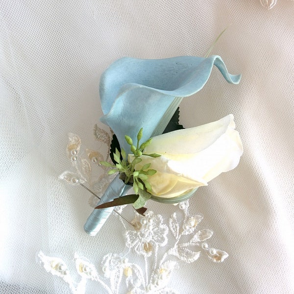 Wedding Natural Touch Soft Pale Blue Powder Blue Calla Lily and Ivory Rose Silk Boutonniere