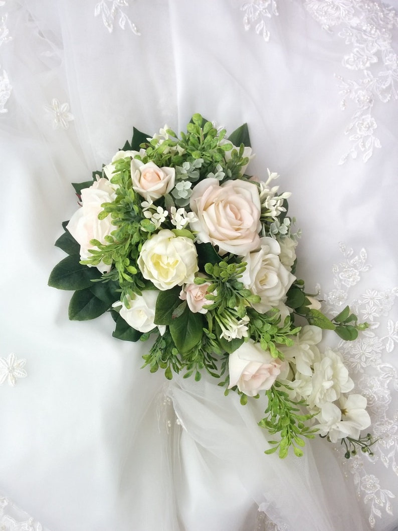 Wedding Natural Touch Blush light Pink Roses with Ivory Peonies and Roses Cascade Wedding Bouquet