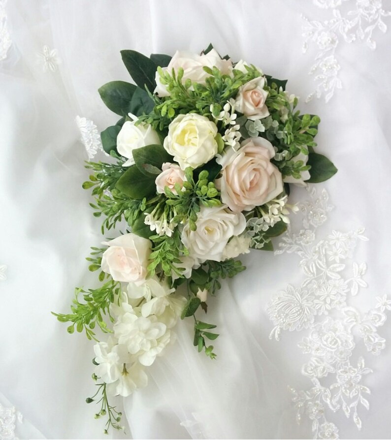 Wedding Natural Touch Blush light Pink Roses with Ivory Peonies and Roses Cascade Wedding Bouquet