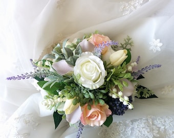 Boho Garden Inspired Wedding Natural Touch Lilac Blush Lavender Roses Tulips callas Hydrangeas Eucalyptus Dusty Miller Silk Wedding Bouquet