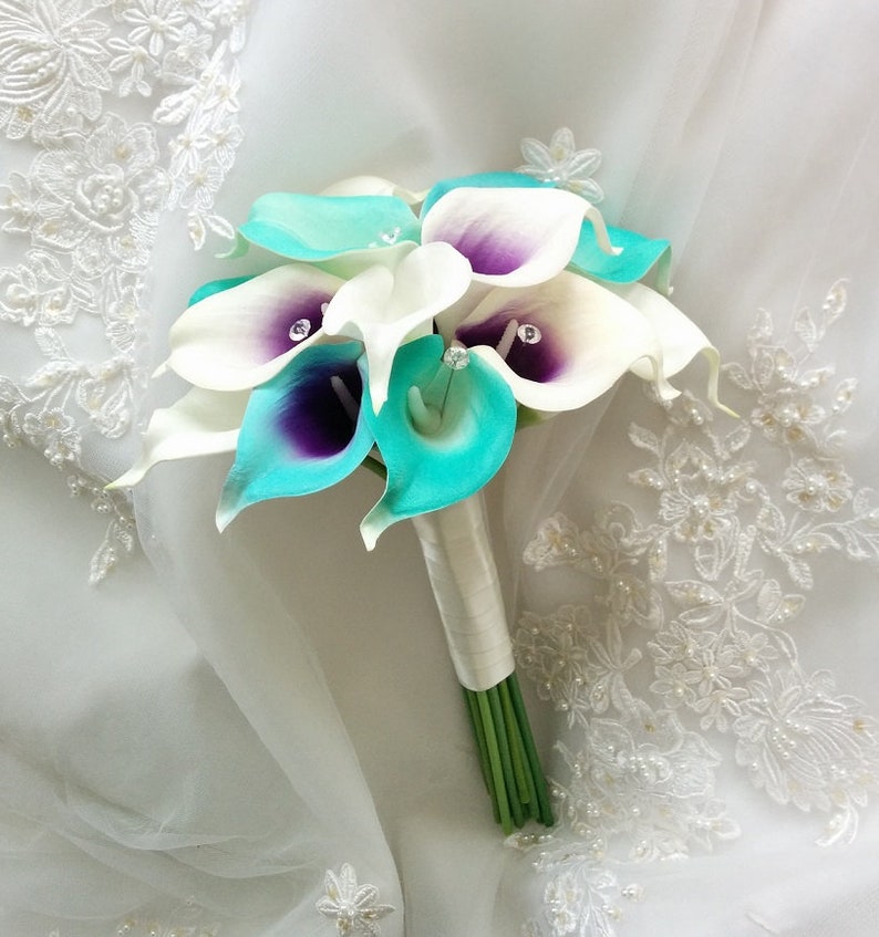 Silk wedding bouquet Natural Touch Turquoise Blue Purple Ivory Calla Lilies Bridesmaid Bouquet