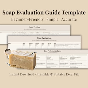 May include: A soap evaluation guide template with the text "Soap Evaluation Guide Template" and "Beginner-Friendly Simple Accurate". The image includes a bar of soap and three pages of a soap test log, final evaluation, and soap performance guide.
