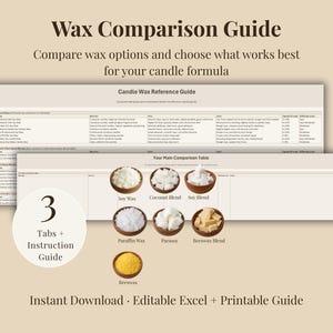 May include: A beige digital guide titled "Wax Comparison Guide" with detailed information on candle wax options. The guide includes a comparison table, reference guide, and a section with different wax types like soy, coconut, and beeswax. The guide is an instant download.
