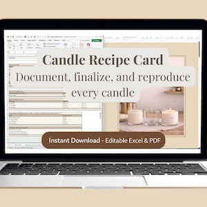 Puede incluir: Una pantalla de portátil muestra una plantilla de tarjeta de receta de velas. El texto dice "Candle Recipe Card" y "Documentar, finalizar y reproducir cada vela". Debajo, dice "Descarga instantánea - Excel y PDF editables".