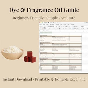 Könnte beinhalten: Ein Bild mit einer braunen Glasflasche, einer Holzschale mit weißen Flocken und drei roten Würfeln. Eine Tabelle mit einem Leitfaden mit dem Titel "Dye & Fragrance Oil Guide" ist ebenfalls zu sehen. Der Text lautet "Beginner-Friendly • Simple • Accurate".