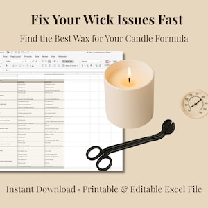 May include: An image with the text "Fix Your Wick Issues Fast" and "Find the Best Wax for Your Candle Formula". It also shows a lit candle, a candle wick trimmer, a thermometer, and a spreadsheet. The text "Instant Download Printable & Editable Excel File" is also present.