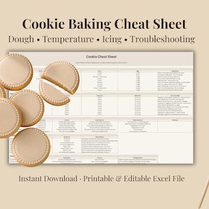 May include: A beige-toned image featuring a "Cookie Baking Cheat Sheet" with sections on dough, temperature, icing, and troubleshooting. Several frosted cookies are arranged around the sheet. Text at the bottom reads "Instant Download • Printable & Editable Excel File."