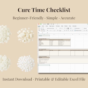 Könnte beinhalten: Ein Bild mit beigem Hintergrund und dem Text "Cure Time Checklist" und "Beginner-Friendly • Simple • Accurate." Vier Ansammlungen weißen Wachses sind abgebildet. Eine geöffnete Excel-Datei ist sichtbar, mit einer Checkliste zur Verfolgung der Aushärtezeiten.