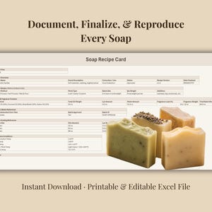 May include: A soap recipe card with the text "Document, Finalize, & Reproduce Every Soap." The card includes sections for soap details, ingredients, and batch information. Four bars of soap are displayed in the foreground. The text "Instant Download Printable & Editable Excel File" is at the bottom.