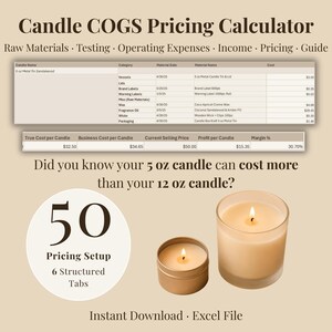 Pode incluir: Imagem que promove uma calculadora de preços COGS de velas. A imagem inclui uma folha de cálculo, duas velas acesas e o texto "Sabia que a sua vela de 142g pode custar mais do que a sua vela de 340g?" e "Download instantâneo - Ficheiro Excel."