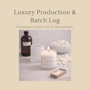 Puede incluir: Una vela encendida en un tarro de cristal transparente con una etiqueta blanca que dice "MODERN". También se ven una botella marrón, un cuenco blanco con cera y una caja de cerillas. El texto "Luxury Production & Batch Log" y "Consistency Is Not Luck. It's Documented." están en la parte superior.
