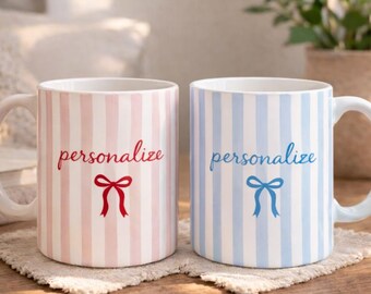 Personalized Bow Mug, Custom Name Coquette Mug, Preppy Striped Coffee Mug, Cute Ribbon Mug, Aesthetic Gift for Her Mom Friend Grandma (11oz)