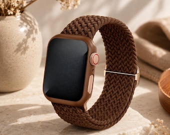 Apple Watch Band with Protective Case, Braided Stretch Nylon Sport Strap, Compatible with Apple Watch 40 41 42 44 45 46 49mm