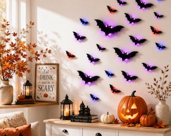 3D Glowing Bat Wall Decor, Halloween Bat Decorations, LED Bat Wall Stickers, Removable Window Decals, Spooky Party Decor