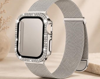 Magnetic Stainless Steel Mesh Watch Band with Crystal Protective Case for Apple Watch, Bling Replacement Strap for Women