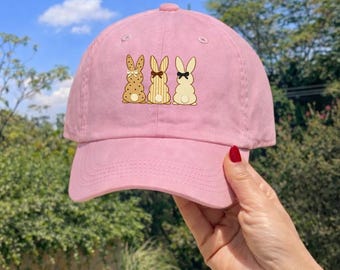 Easter Bunny Peeps print Hat, Cute Easter Bunny Cap, Spring Bunny Hat, Easter Gift for Women, Easter Basket Gift, Bunny Trio Cap