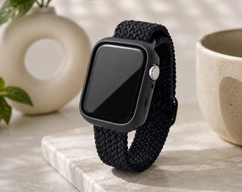 2PCS Compatible with Apple Watch Band & Silicone Case Set, Braided Elastic Stretch Strap, Protective Cover for 38-49mm