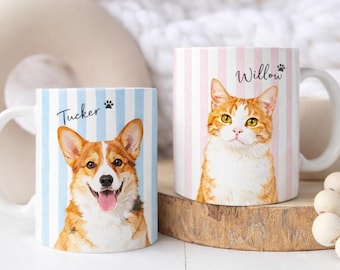 Custom Pet Mug from Photo, Personalized Dog Cat Mug with Name, Striped Pet Portrait Cup, Dog Mom Gift, Cat Dad Gift