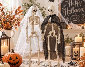 Posable Skeleton Wedding Couple Decor, Halloween Skeleton Decoration, Gothic Bride Groom Figure, Haunted House Party Table Decor