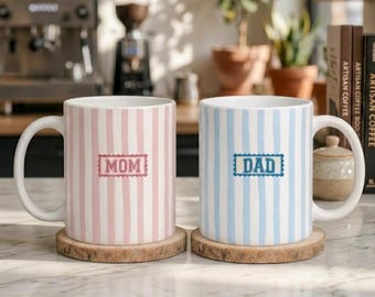 Personalized Mom Dad Mug, Custom Name Ceramic Mug, Coquette Style Cup, Striped Coffee Mug, Mother's Day Father's Day Gift