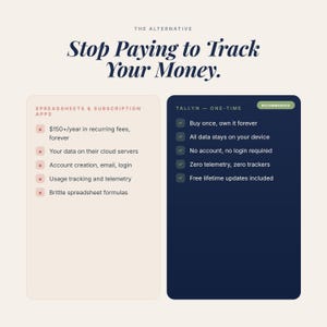May include: An advertisement with the text "Stop Paying to Track Your Money." It compares spreadsheet apps with subscription fees to a one-time purchase option. The ad highlights features like lifetime updates and data privacy.
