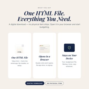 May include: A digital download graphic with the text "One HTML File. Everything You Need." The image shows three sections: a file icon, a browser icon, and a device icon, each with descriptive text. The bottom has two buttons: "DIGITAL DOWNLOAD" and "NO PHYSICAL ITEM."