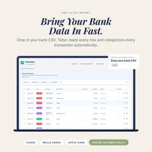 May include: A laptop screen displays a financial data import interface. The text "Bring Your Bank Data In Fast" is prominent. The interface shows transaction details, with options for CSV import and automatic sorting. Buttons for Chase, Wells Fargo, and Apple Card are visible.