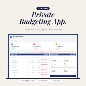 May include: A laptop screen displaying a budgeting app interface. The app shows income, expenses, and savings goals. Text on the screen includes "Private Budgeting App," "Offline. No subscription. Yours forever," and category breakdowns. The app is designed for Windows and Mac.
