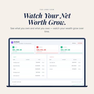 May include: A laptop screen displays a financial dashboard with the text "Watch Your Net Worth Grow." The screen shows assets, liabilities, and net worth figures. The interface is clean and modern, with a focus on financial tracking and growth.