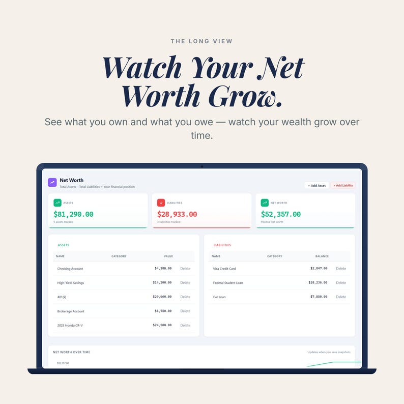 May include: A laptop screen displays a financial dashboard with the text "Watch Your Net Worth Grow." The screen shows assets, liabilities, and net worth figures. The interface is clean and modern, with a focus on financial tracking and growth.