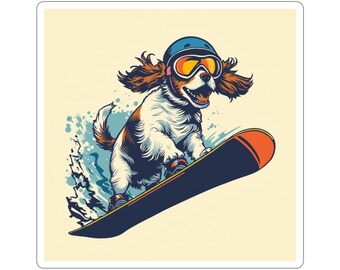 Pegatina troquelada de Cavalier Spaniel haciendo snowboard