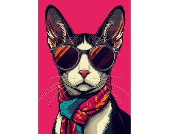 Póster mate con retrato de gato moderno / Gato hipster con gafas de sol y bufanda